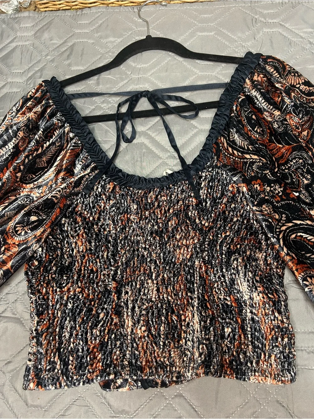 Free People Paisley Velvet Smocked Balloon sleeves Crop Top size s
